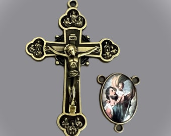 LARGE Bronze Rosary Crucifix & Saint CHRISTOPHER Rosary Centerpiece / Catholic Rosaries parts DIY supplies
