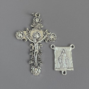 ITALY Silver Our Lady of GRACE Rosary Centerpiece ~ Rosary Crucifix Large ROSE Crucifix Silver Cross Mary Madonna Centers Rosaries parts