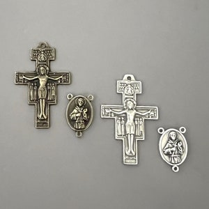 ITALY Bronze St. Clare Saint FRANCIS Rosary Centerpiece & Rosary Crucifix / Silver San Damiano Crucifix Cross / Italian Rosaries parts