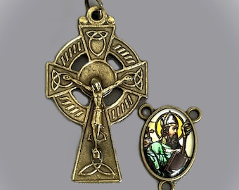 Medium BRONZE Saint Patrick Rosary Centerpiece & Celtic Rosary Crucifix / 2 piece IRISH St. Patrick Set Rosaries Part