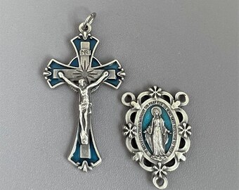Italy BLUE Rosary Crucifix & Miraculous Medal Rosary Centerpiece Large Crucifix Cross BLUE  Silver Miraculous Medal Centers Rosaries parts