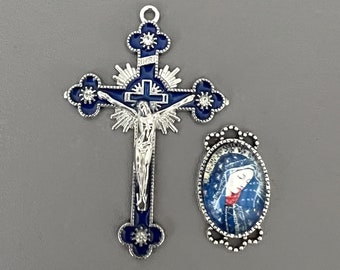 Rhinestone BLUE Rosary Crucifix & Lady of SORROW Rosary Centerpiece / 2" Crucifix Cross Silver Virgin Mary Centers Rosaries parts