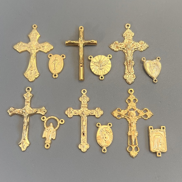 SMALL Gold ITALY 6 Rosary Crucifix & 6 Rosary Centerpiece / 12 piece Rosary Set Miraculous Medal Center Divine Mercy Center Rosaries Part
