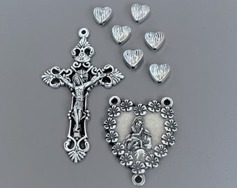 8pc Floral HEART Rosary Set / Madonna Virgin Mary Center Centerpiece / Silver Crucifix / Heart Pater Our Father Beads ITALIAN Rosaries Part