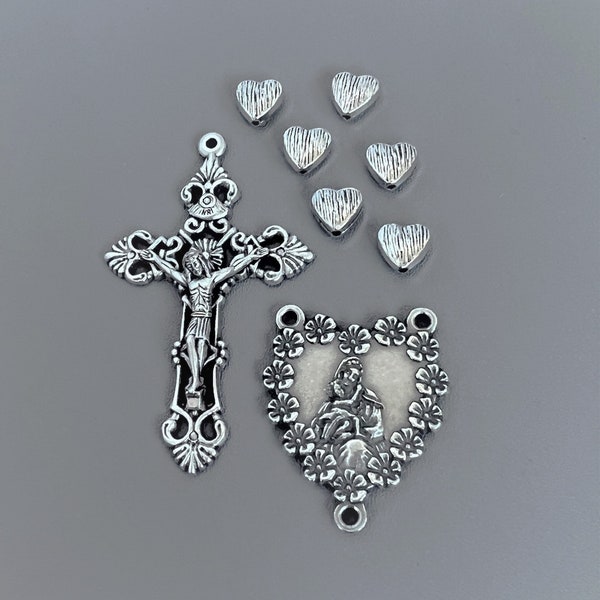 8pc Floral HEART Rosary Set / Madonna Virgin Mary Center Centerpiece / Silver Crucifix / Heart Pater Our Father Beads ITALIAN Rosaries Part