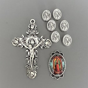 ROSE Silver Lady of GUADALUPE Rosary Centerpiece Rosary Crucifix ~ 8pc Rosary Set ~ Virgin Mary Center Rosaries Parts Pater Our Father Bead