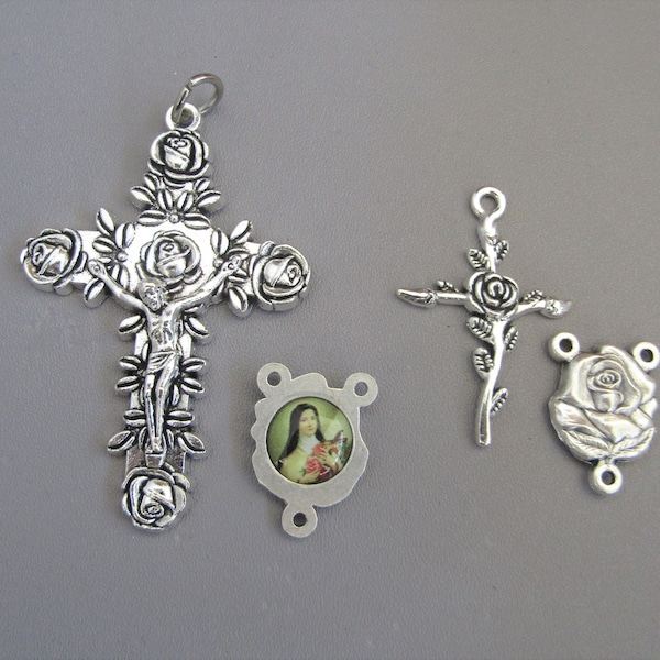 Large or Small ROSE Saint Therese Rosary Set / St. Therese Little Flower Centerpiece SILVER Crucifix Cross / St. Therese of Lisieux Rosaries