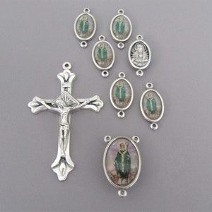 Italy 8pc Saint PATRICK Rosary Centerpiece Rosary Crucifix / Silver St Patrick Center Cross & Pater Our Father Beads / Italian Rosary Parts