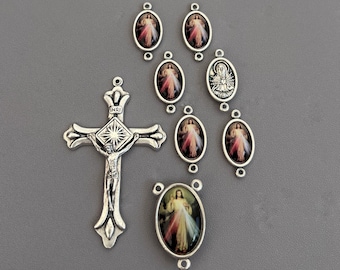 Italy SILVER Jesus Divine Mercy Rosary Centerpiece Rosary Crucifix ~ 8pc Rosary Set Divine Mercy Center Rosaries Parts Pater Our Father Bead
