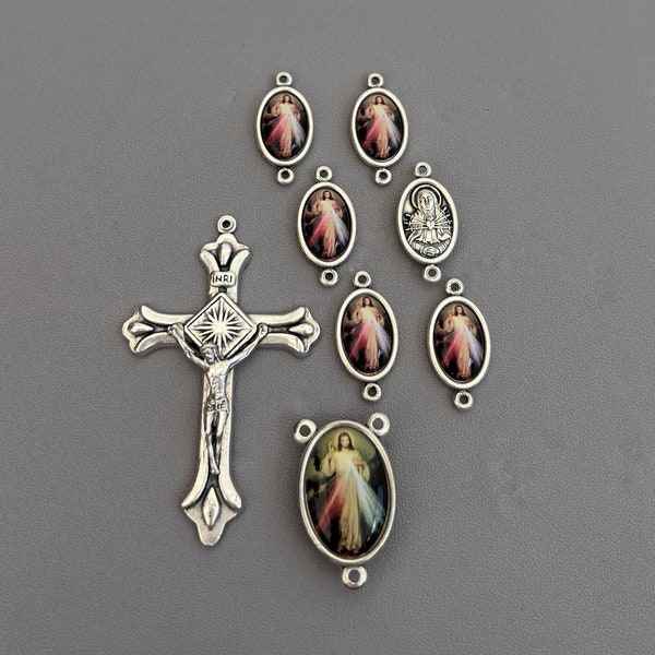 Italy SILVER Jesus Divine Mercy Rosary Centerpiece Rosary Crucifix ~ 8pc Rosary Set Divine Mercy Center Rosaries Parts Pater Our Father Bead