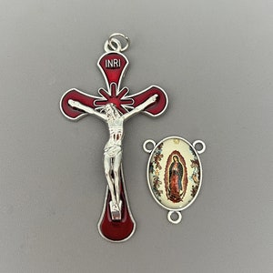 RED Rosary Crucifix & Lady of GUADALUPE Rosary Centerpiece * Large Crucifix Red Cross * Silver Virgen de Guadalupe Center