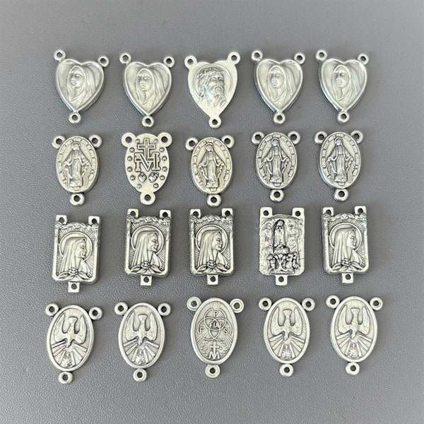 ITALY 20 pc Miraculous Medal Rosary Centerpiece /  Silver Lady Fatima Centers / SMALL Madonna Heart Rosary Centers / Italian Rosaries parts