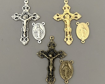 Set FILIGREE Rosary Crucifix & Miraculous Medal Rosary Centerpiece ~ Large Gold Crucifix Silver Rosary Center / Italian Rosary Parts