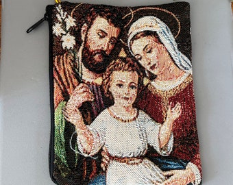 Extra Large HOLY FAMILY Tapestry Rosary Case ~ Zipper Rosary Pouch - Large 4 x 6" bag for Catholic Rosaries