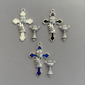 White & SILVER First Communion Rosary Set / Chalice Center Chalice Centerpiece Black Crucifix Blue Cross / 1st Communion Rosaries Parts