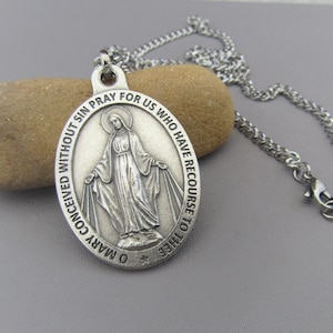 Large MIRACULOUS Medal Pendant Necklace / 1.5" Virgin Mary Pendant & 24" Chain / Miraculous Medal Silver Stainless Steel Necklace Catholic