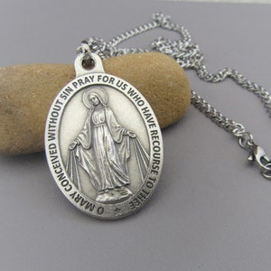 Large MIRACULOUS Medal Pendant Necklace / 1.5&quot; Virgin Mary Pendant & 24&quot; Chain / Miraculous Medal Silver Stainless Steel Necklace Catholic