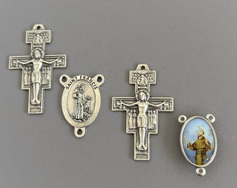 ITALY Color Saint FRANCIS Rosary Centerpiece & Rosary Crucifix / Silver San Damiano Crucifix Italian Rosaries parts patron saint Animals