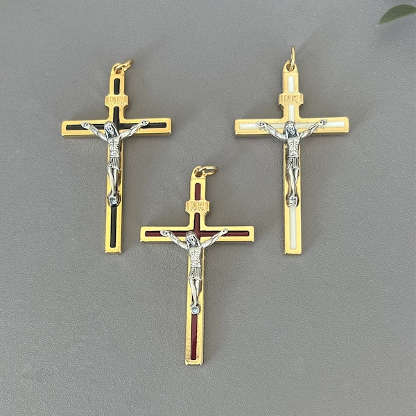 ITALY Large Red Gold plate Crucifix / Black Rosary Crucifix / White & Gold Rosary Crucifix Italian Rosaries parts C140