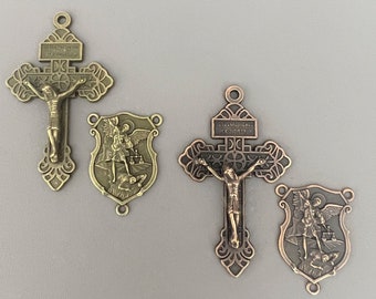 SHIELD Saint MICHAEL Rosary Centerpiece & Copper Rosary Crucifix / BRONZE Pardon Crucifix / Italian Rosaries parts / patron Military Police