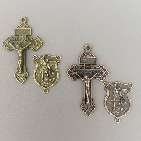 SHIELD Saint MICHAEL Rosary Centerpiece & Copper Rosary Crucifix / BRONZE Pardon Crucifix / Italian Rosaries parts / patron Military Police