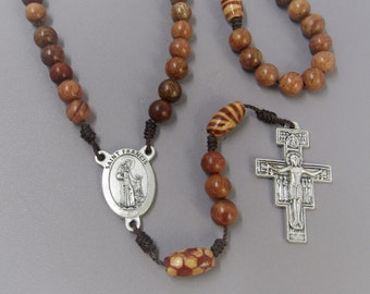 Saint Francis of Assisi Rosary / St. Francis Rosary / Brown wood bead Rosary / San Damiano Crucifix  Italian Centerpiece / Catholic Gift