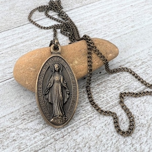 Large Bronze MIRACULOUS Medal Pendant Necklace / 1.5&quot; Virgin Mary Pendant & 24&quot; Chain / Miraculous Medal Necklace Catholic Gift