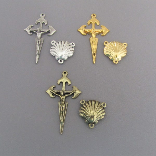 St JAMES Shell Centerpiece & Silver Crucifix / Saint James Gold Crucifix Cross / Bronze ITALY Rosaries parts / Camino de Santiago Rosary