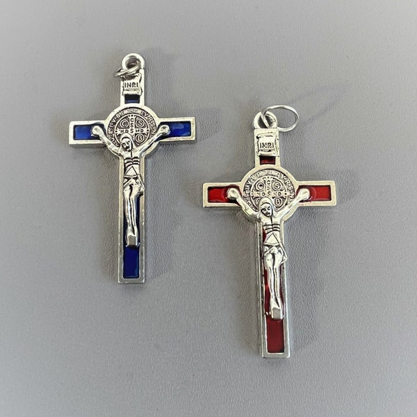 LARGE Blue Saint BENEDICT Rosary Crucifix / Red & Silver Rosary Crucifix / 2" St. Benedict Medal Rosary Crucifix / DIY Rosary Parts Supply