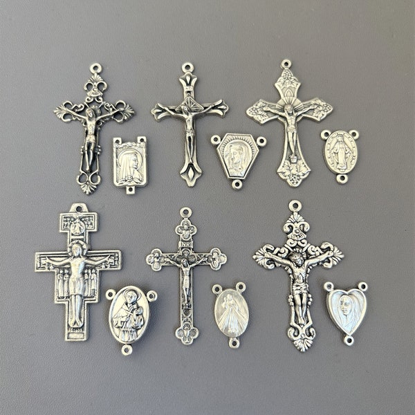 SMALL Silver ITALY 6 Rosary Crucifix & 6 Rosary Centerpiece / 12 piece Rosary Set Miraculous Medal Center Divine Mercy Center Rosaries Part