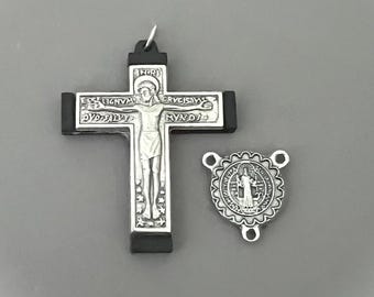 ITALY Black Rosary Crucifix & Saint BENEDICT Centerpiece / 1.75" Large Crucifix / Italian Rosary Part
