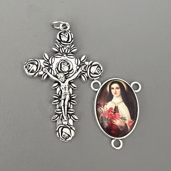 ROSE Silver Saint Therese Rosary Centerpiece & Rosary Crucifix / Large ROSE Crucifix Silver Cross St Therese of Lisieux Center Rosaries part