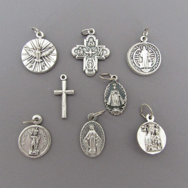 8 SILVER Holy Medals Charms / Miraculous Medal / Saint Benedict St Michael Medal / Saint Padre Pio Holy Spirit Medal / Italian Rosary Parts