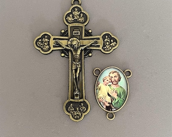 LARGE Rosary Crucifix & Saint JOSEPH Rosary Centerpiece / Bronze Crucifix Cross St Joseph Center / Catholic Rosaries parts DIY supplies