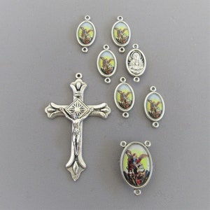 ITALY Silver Saint MICHAEL Rosary Centerpiece Rosary Crucifix ~ 8pc Rosary Set ~ St Michael Center Rosaries Parts Pater Our Father Beads