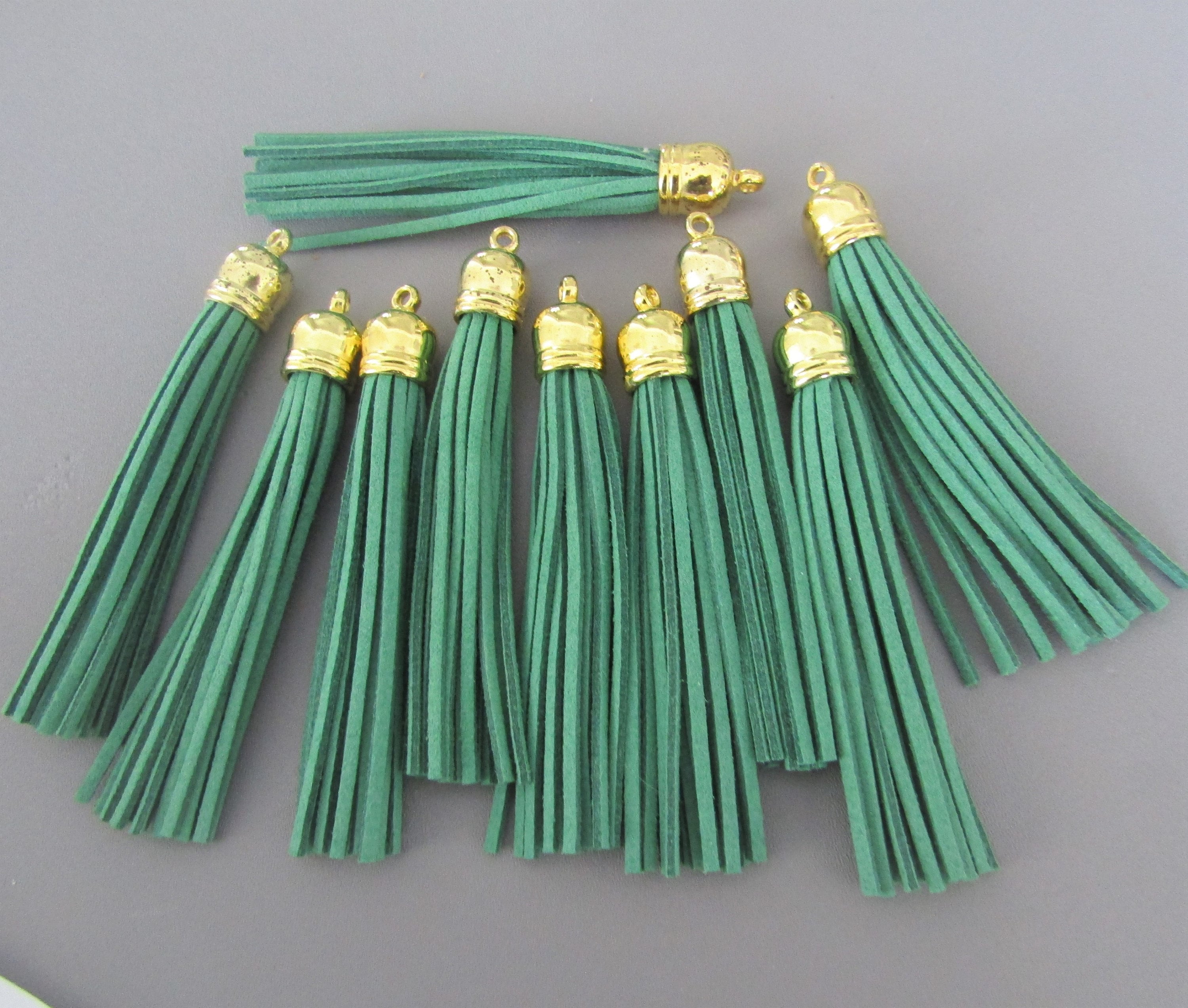 Large Green Tassels with Gold Caps 80mm Suede fringe tassels Etsy