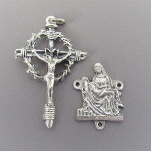 PIETA Rosary Centerpiece &  Crown with Thorns Rosary Crucifix / Large 2" Silver Cross Nail Crucifix / Easter Rosary Italian Rosary part