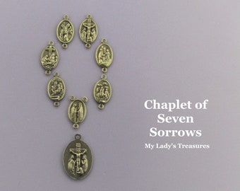 Italy 8pc SET Seven Sorrows of Mary Rosary Chaplet Medals/ BRONZE Setti Dolori Servite Rosary Medals / 7 Sorrow medals Italian Rosary Parts