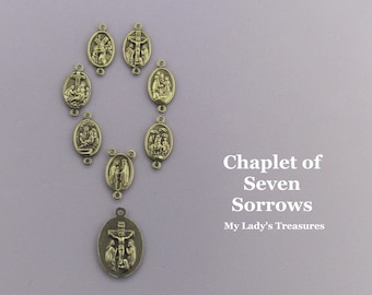 Italy 8pc SET Seven Sorrows of Mary Rosary Chaplet Medals/ BRONZE Setti Dolori Servite Rosary Medals / 7 Sorrow medals Italian Rosary Parts