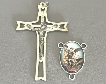 LARGE 2.5" Italy Silver Rosary Crucifix & Saint MICHAEL Archangel Rosary Centerpiece / Catholic Rosaries parts supplies