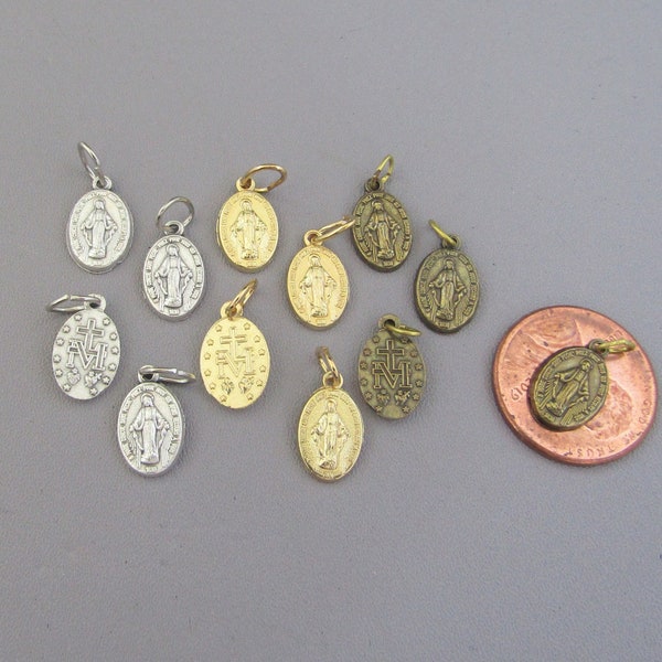 12 pc TINY Miraculous Medal Charms / Gold Miraculous Medal  / Bronze Madonna Charms Silver Miraculous Medal Pendants / Rosary Bracelet ITALY