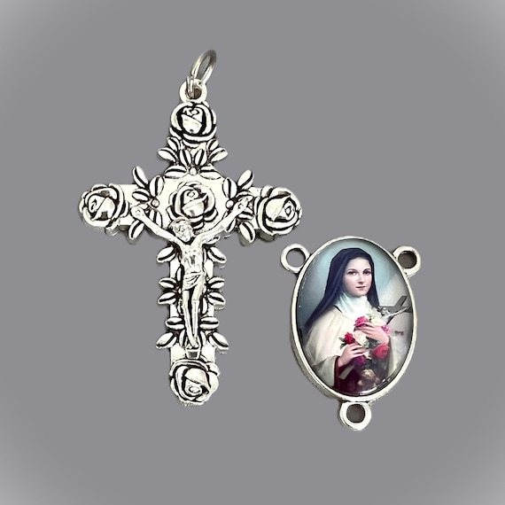 SILVER Saint Therese of Lisieux Centerpiece & Large ROSE Crucifix / DIY Rosary part supply