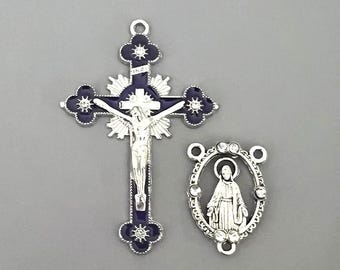 Rhinestone PURPLE Rosary Crucifix & Miraculous Medal Centerpiece / 2" Cross Silver Virgin Mother Mary Centers / Rosaries part