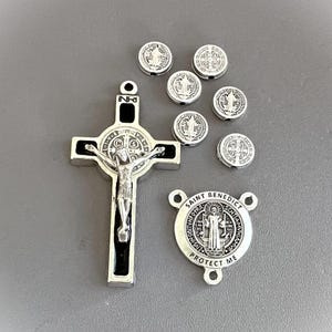 8pc Silver Black St BENEDICT Rosary Set /Saint Benedict ROUND Centerpiece / Large Crucifix / Pater Our Father Beads / ITALIAN Rosaries Part