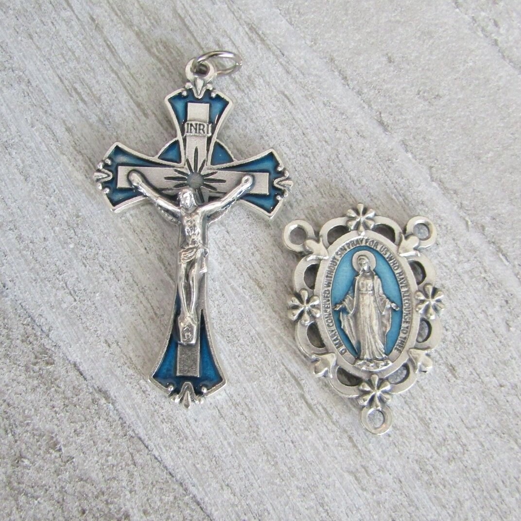 Italy BLUE Rosary Crucifix & Miraculous Medal Rosary Centerpiece Larg…