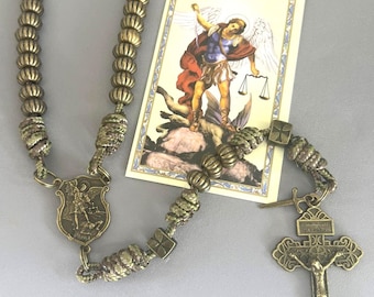 Spiritual Armor Saint Michael Paracord Rosary - St. Michael Rosary Bronze paracord - ITALY St Michael Archangel Medal Holy Card