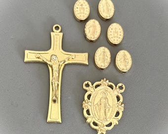 GOLD 8pc Miraculous Medal Rosary Crucifix & Center / Miraculous Medal Centerpiece / Pater Our Father Beads / ITALIAN Rosaries Parts