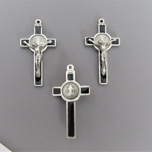 ITALY 3 pc Small Black Saint Benedict Rosary Crucifix -  1.5&quot; St. Benedict Crucifix Silver Cross - Italian Rosary Parts C117