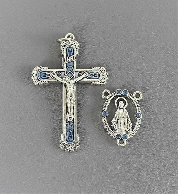 Light BLUE Rosary Crucifix & Rhinestone Virgin Mary Rosary