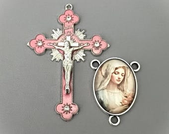 Rhinestone Light PINK Rosary Crucifix & Virgin Mary Rosary Centerpiece / Rosaries parts supply